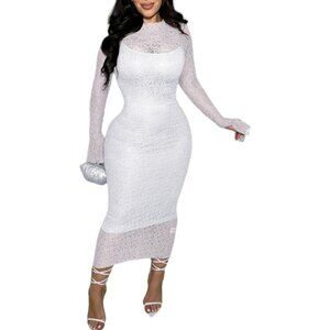 Womens Lace Dress Set Sheer Midi Maxi Long Sleeve Elegant Party Outfit